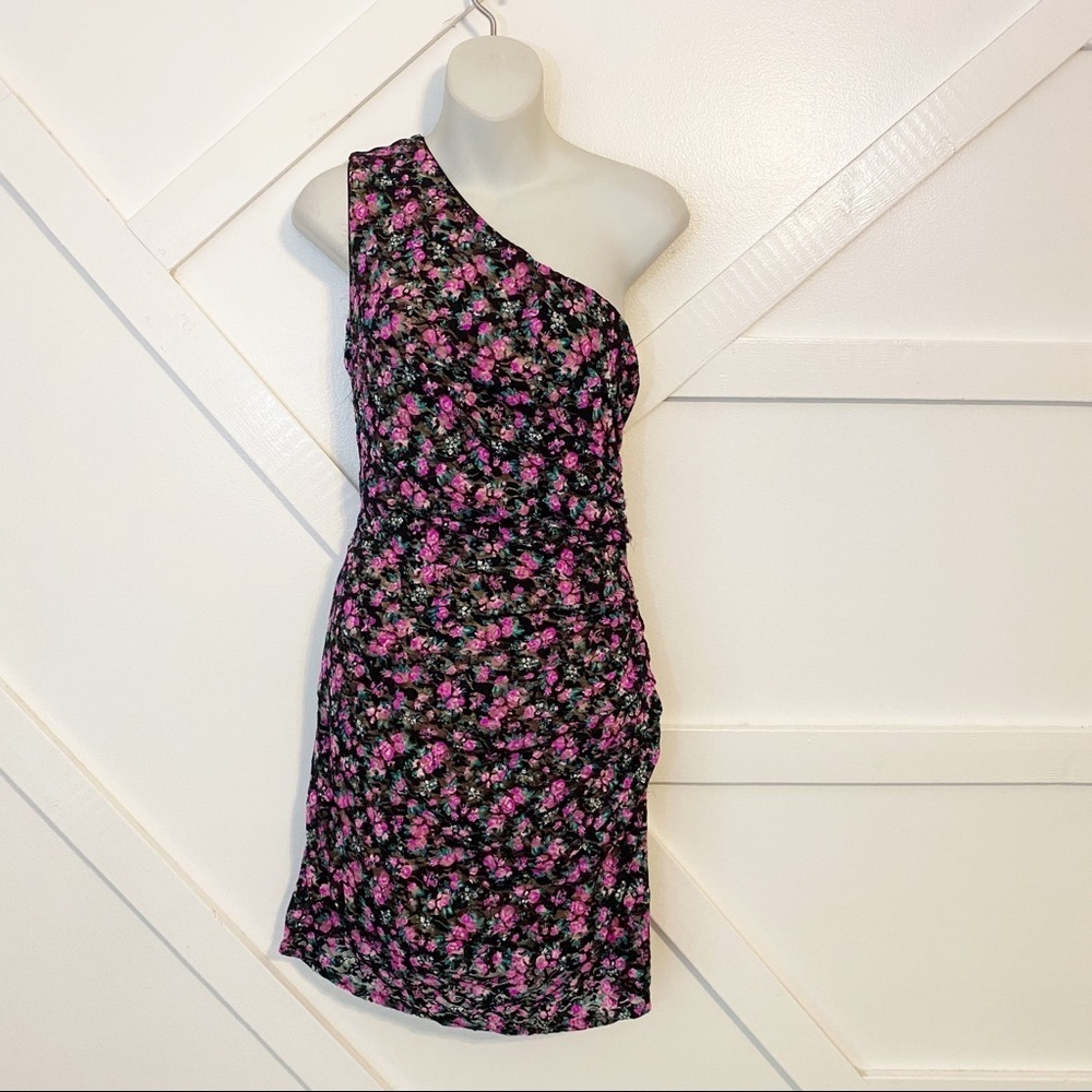 Dress The Population Marie Floral Chiffon One Shoulder Sheath Mini Dress L - Picture 3 of 13